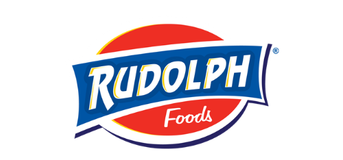 The Rudolph Foods logo featuring blue text on a curved banner over a red oval background.