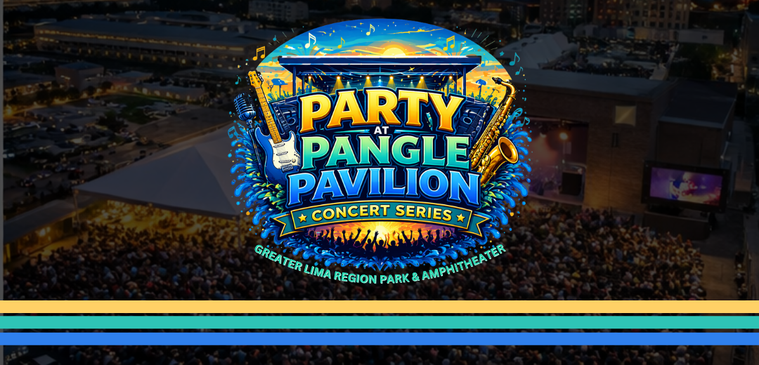 Colorful “Party Pangle Pavillion” concert sign over a blurred nighttime arena backdrop