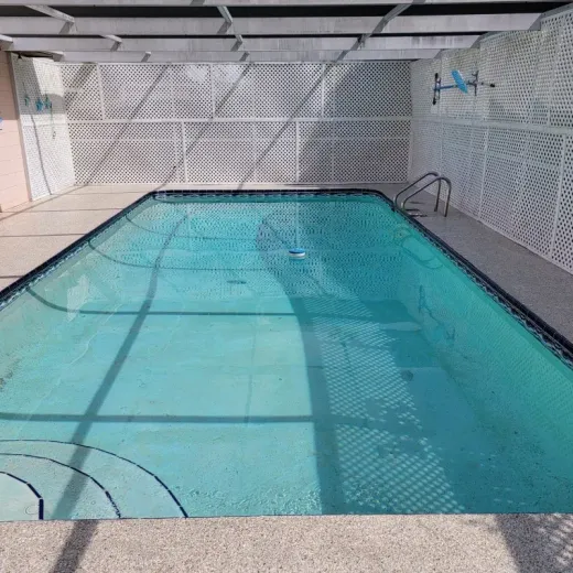 Swimming pool with water, surrounded by concrete and white lattice walls and roof.