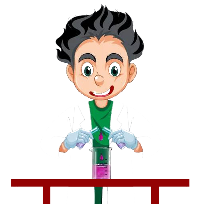 Scientist in lab coat pouring liquids from tubes into a beaker with a pink liquid.