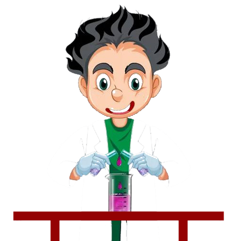 Scientist in lab coat pouring liquids from tubes into a beaker with a pink liquid.
