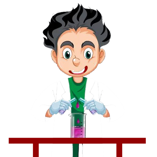 Scientist in lab coat pouring liquids from tubes into a beaker with a pink liquid.