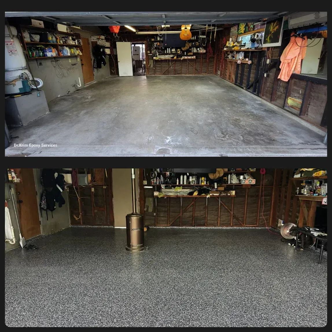 Garage before and after epoxy flooring. Grayscale floor transformed to speckled gray.