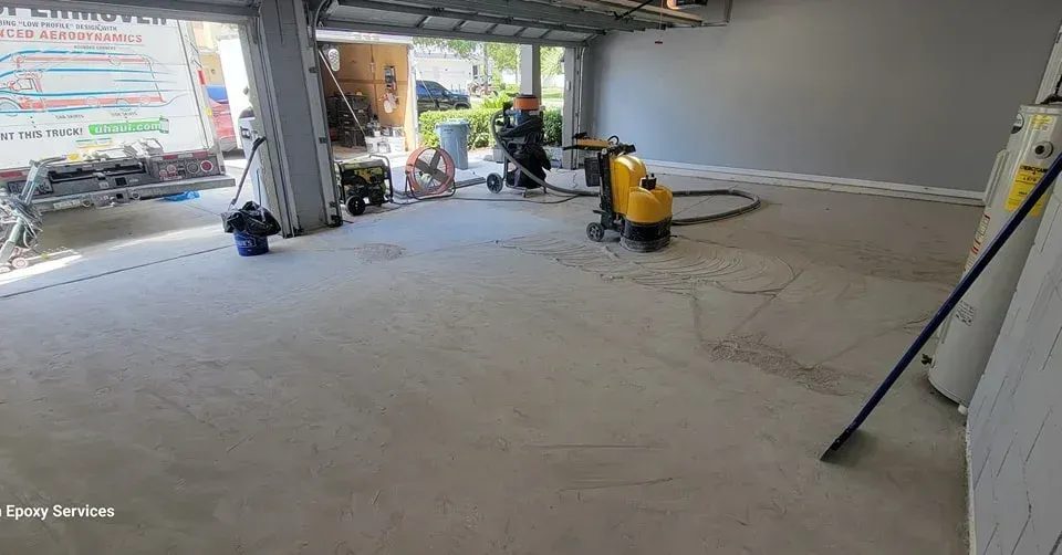 Construction site interior with a floor grinding machine.