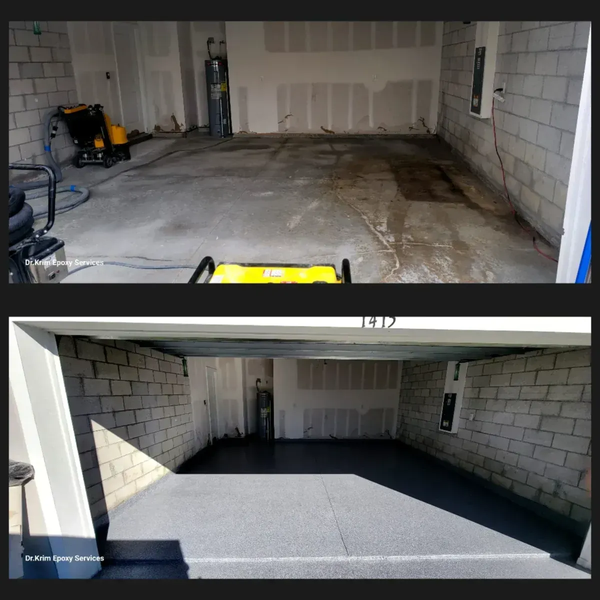 Garage floor before and after resurfacing: Gray concrete floor transformed to dark gray epoxy.