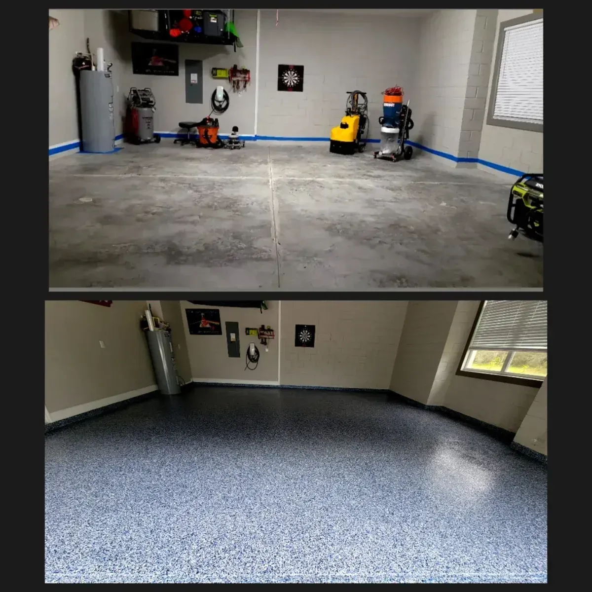 Before and after photos of a garage floor. Top: bare concrete floor. Bottom: epoxy coating with blue chips.