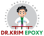 Dr. Krim Epoxy logo: cartoon scientist with lab coat mixing chemicals, gray backdrop, text "Elevate, Protect and Shine".