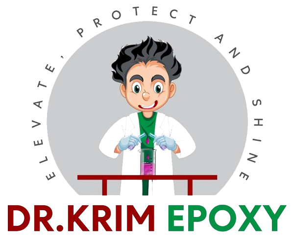 Dr. Krim Epoxy logo: cartoon scientist with lab coat mixing chemicals, gray backdrop, text "Elevate, Protect and Shine".
