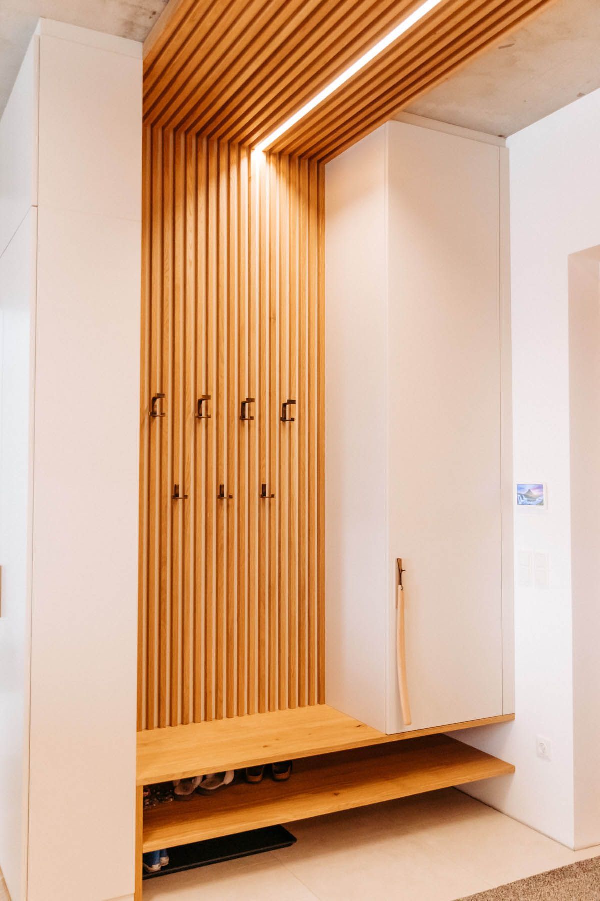 Moderner Eingangsbereich mit Holzlamellenwand, Kleiderhaken, Schuhablage und Einbauleuchten.
