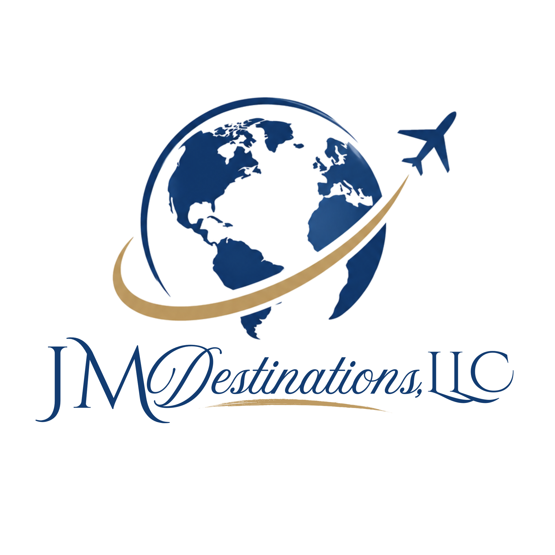 JM Destinations LLC logo with a blue globe, gold swoosh, and airplane icon