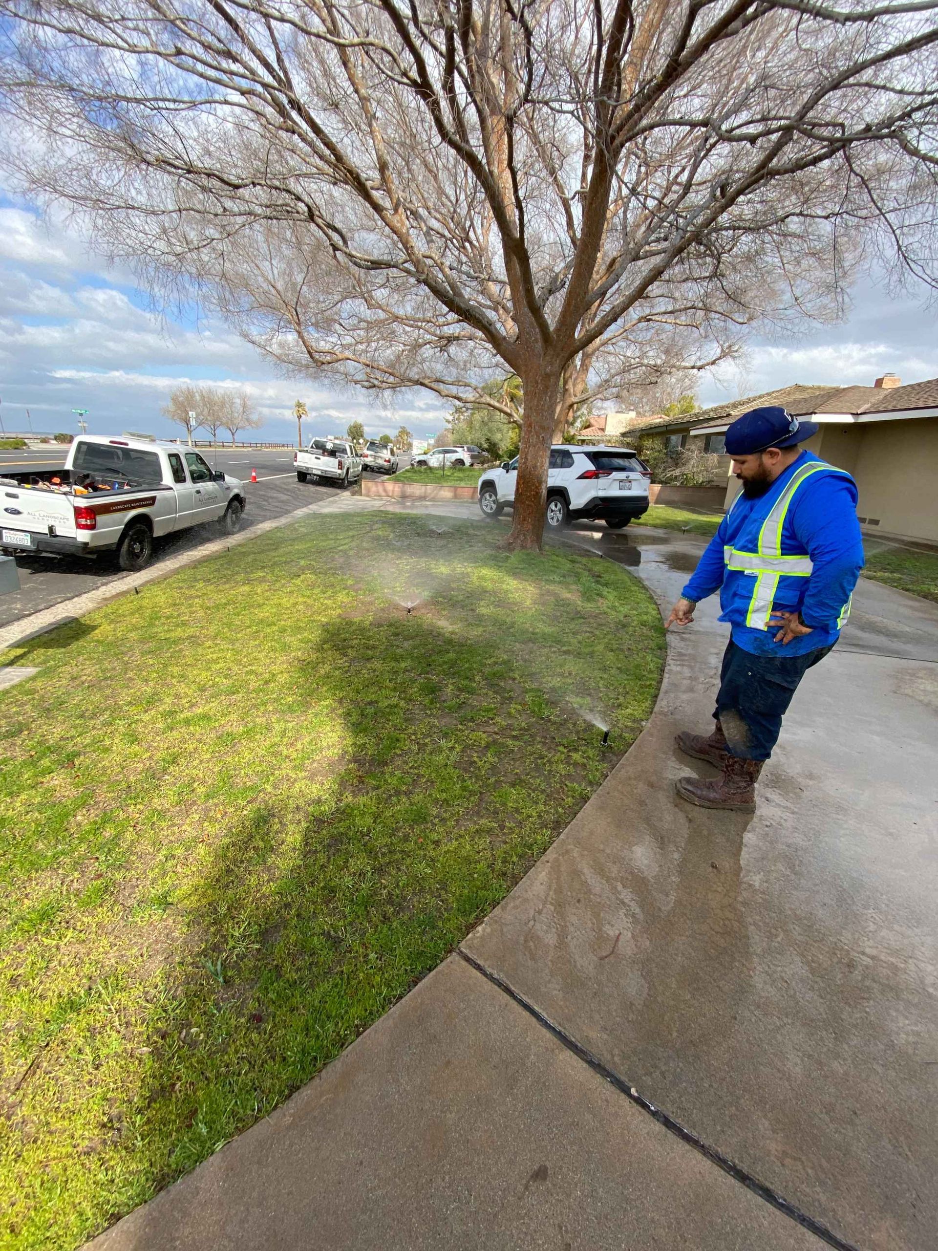 sprinkler spraying water onto a lawn near a sidewalk.