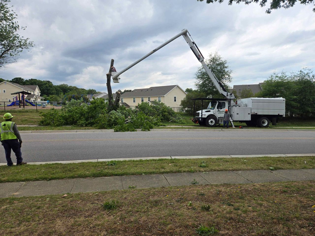 Utility trucks trimming storm-damaged trees with a bucket crane on a roadside in a suburban neighborhood