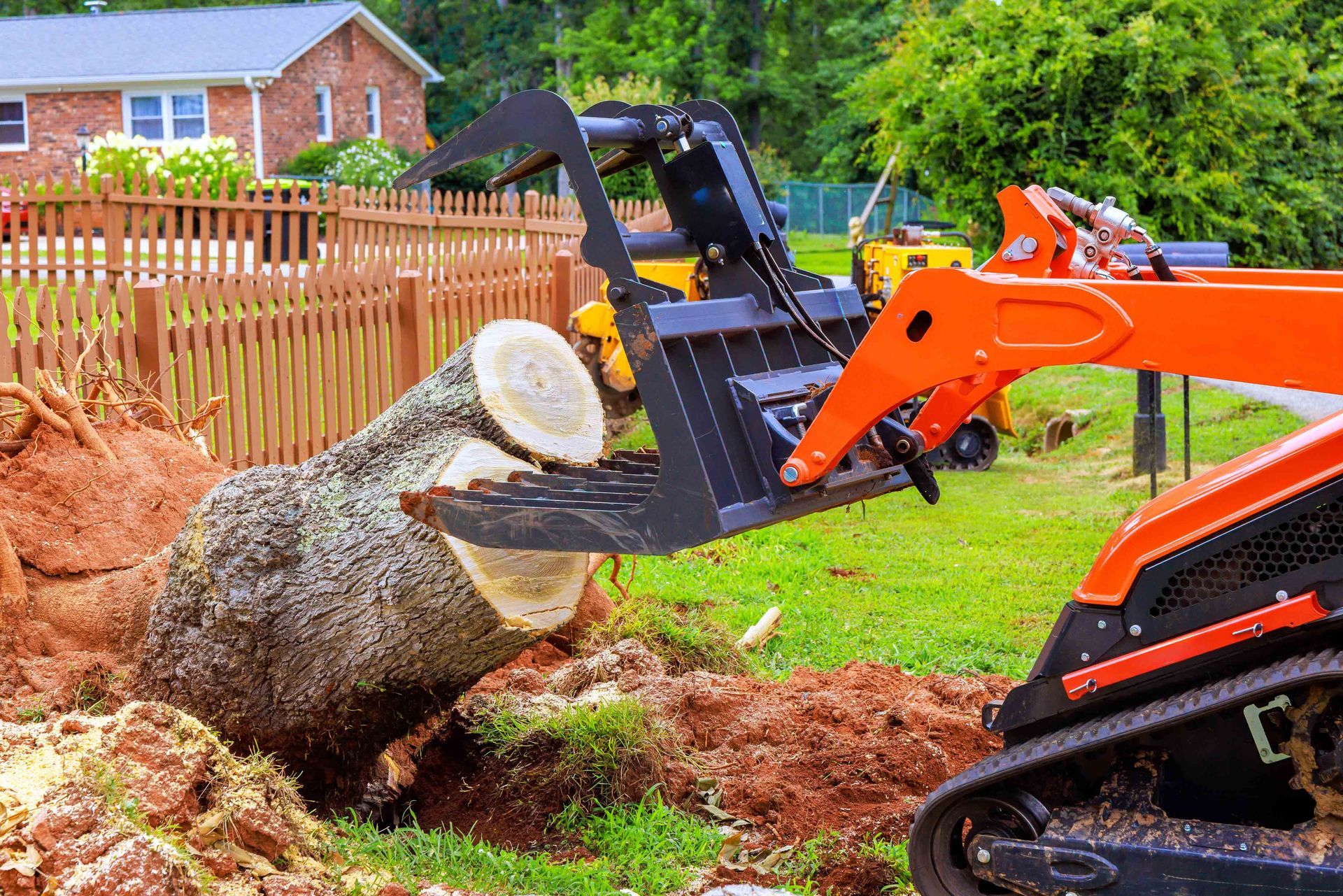 Orange excavator lifting a large cut tree stump in a backyard near a house and fence Orange excavator lifting a large cut tree stump in a backyard near a house and fence