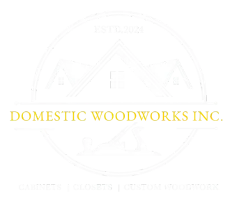 Logo for Domestic Woodworks, featuring an outline of a house roof, a hand plane tool, and the text