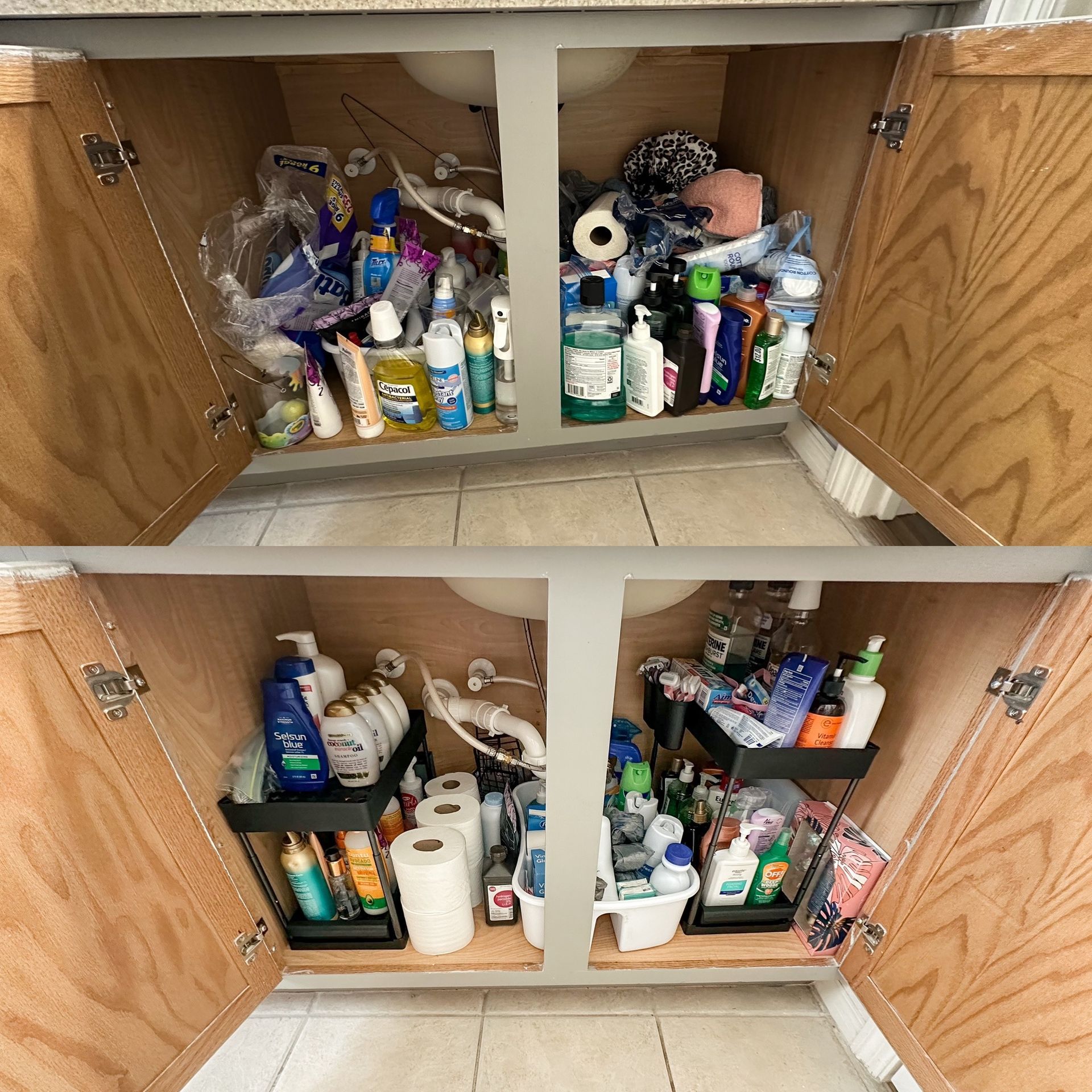 A before and after picture of a bathroom sink cabinet