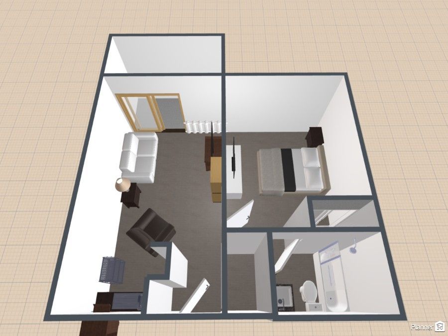 A floor plan of a house with a living room and a bedroom