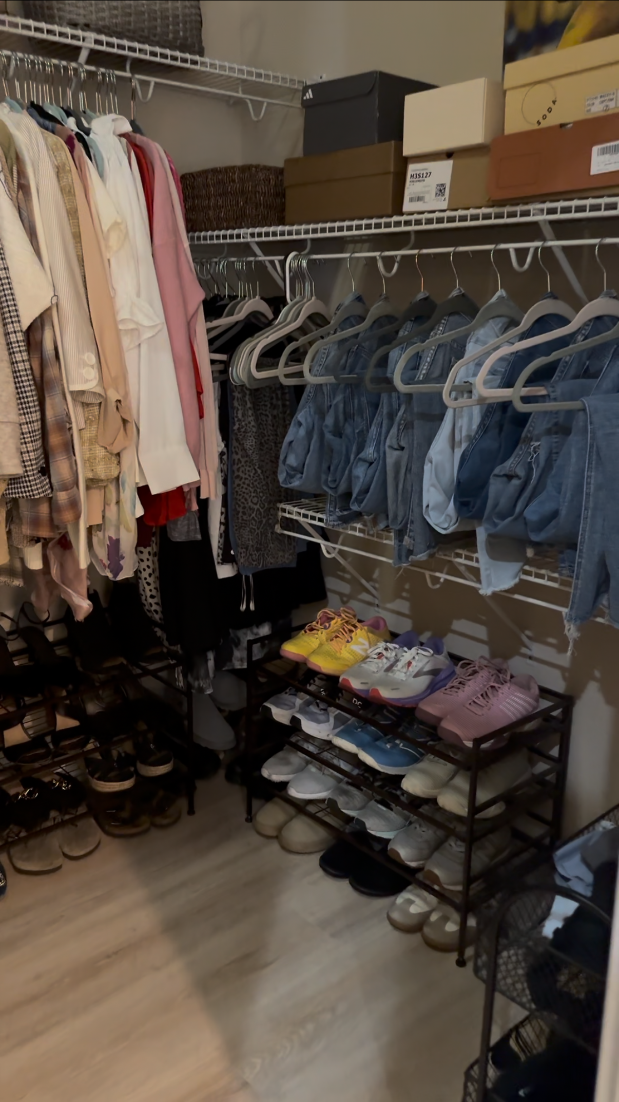 A walk in closet filled with clothes and shoes