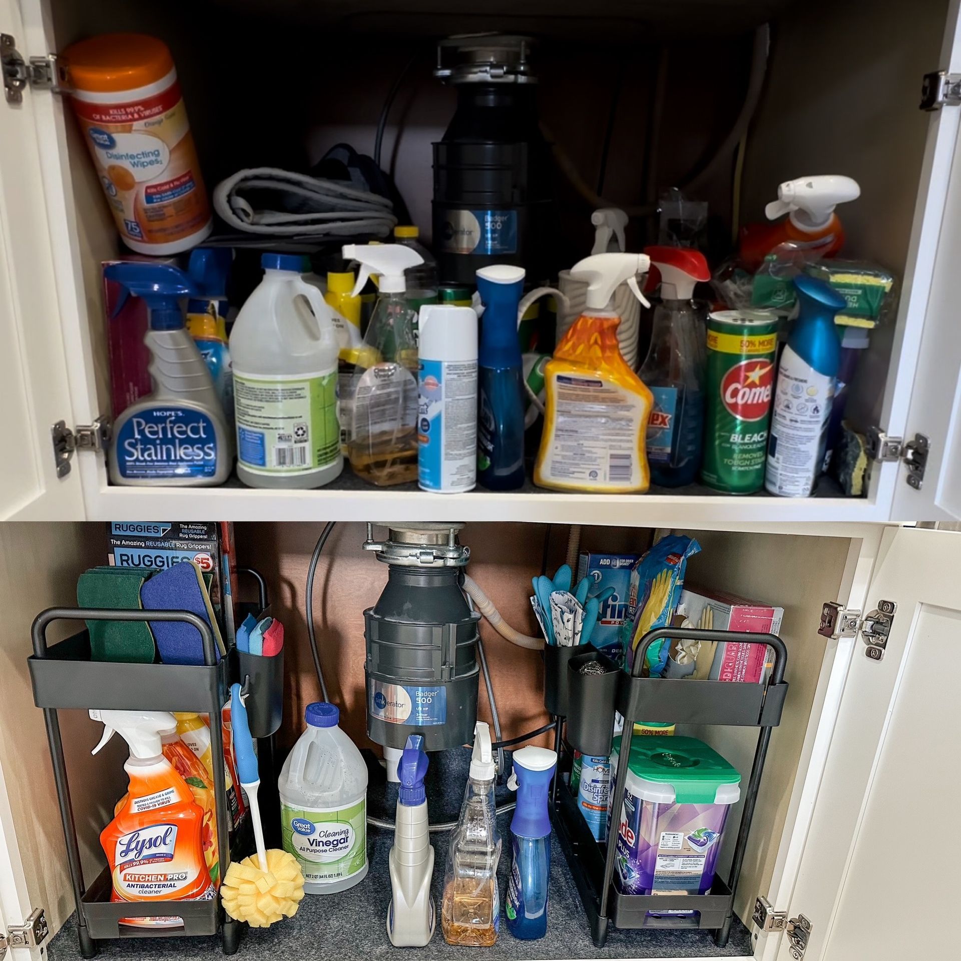 A kitchen sink filled with cleaning supplies including lysol