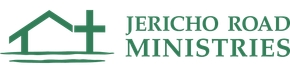 A green logo for jericho road ministries with a cross and a house.
