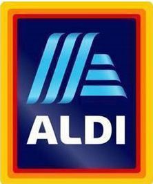 Aldi logo: blue and white stylized mountain with the word ALDI on a blue background, within a red and yellow frame.