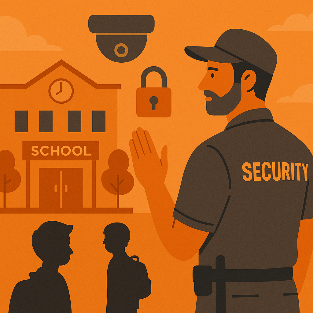 School security: guard with hand up, school building, students, and security camera.