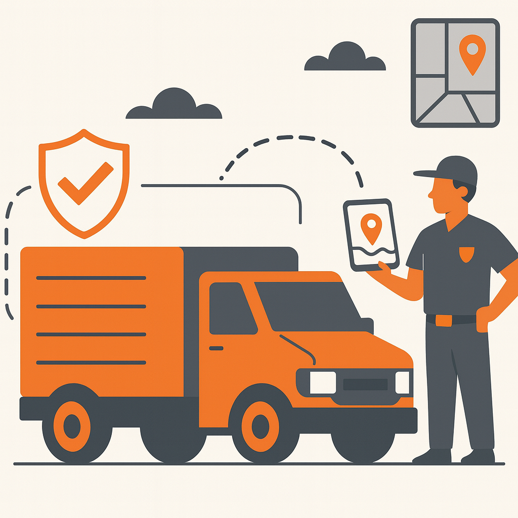 Orange delivery truck with a driver using a tablet to track a shipment with a shield icon, and a map.