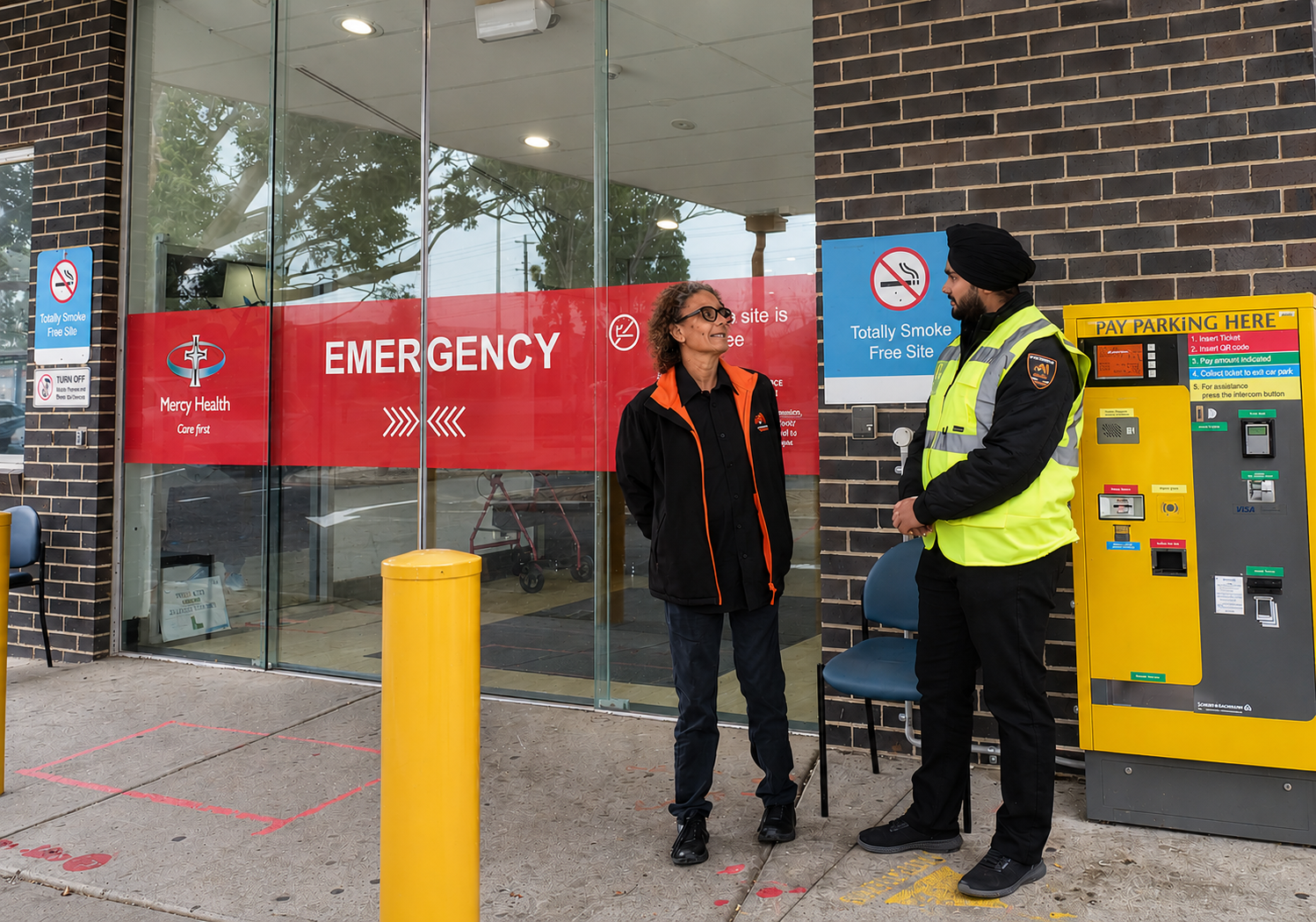 Two of our trained security guards monitoring a hospital in Melbourne