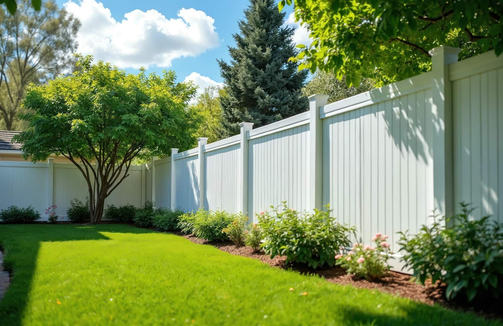 A white fence surrounds a lush green lawn in a backyard.