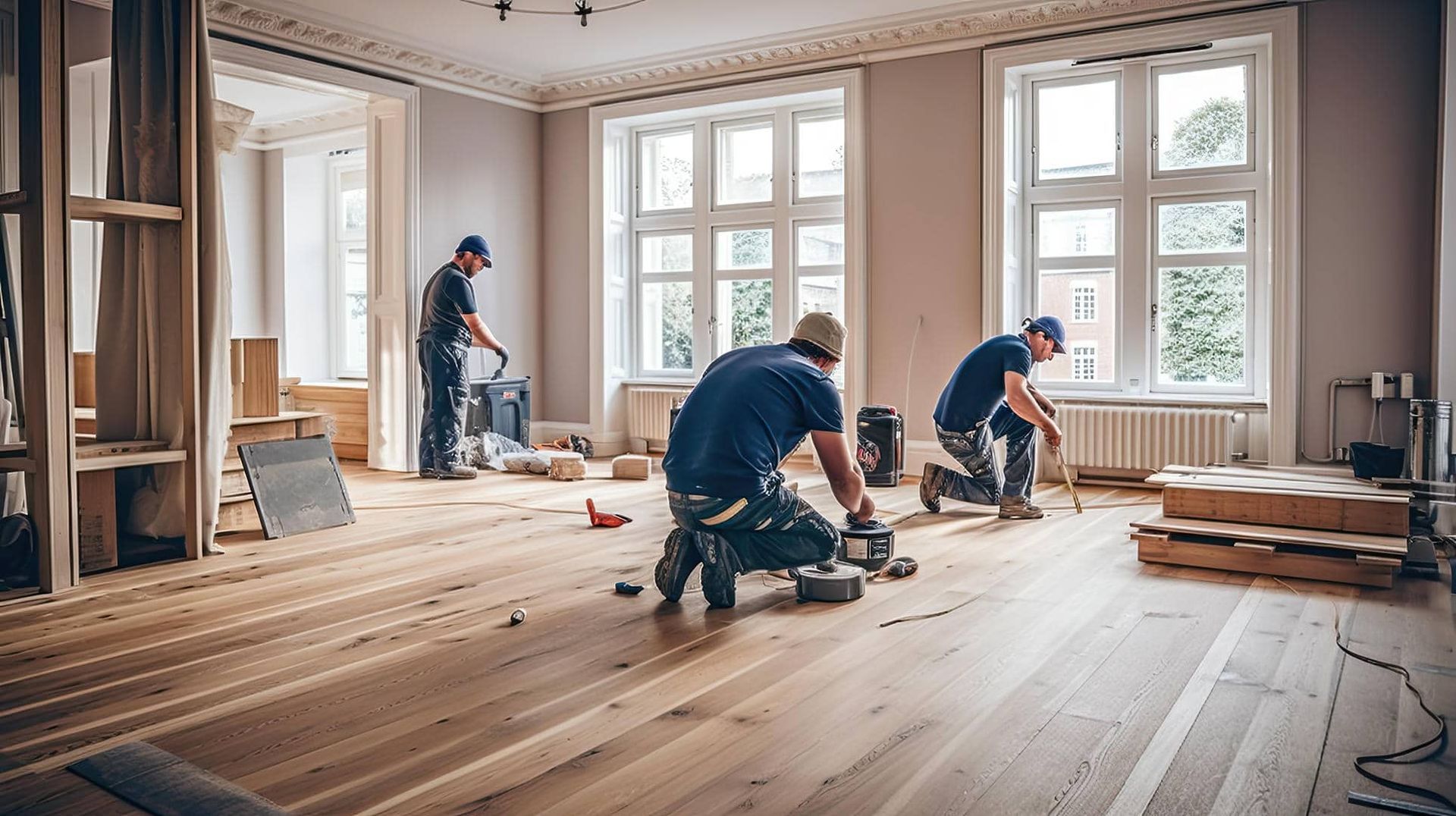 A group of men are working on a wooden floor in a room.