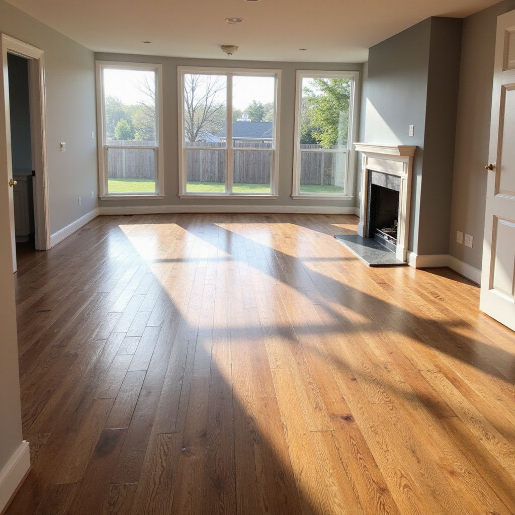 Empty living room with wood floors, large windows, fireplace, and gray walls.