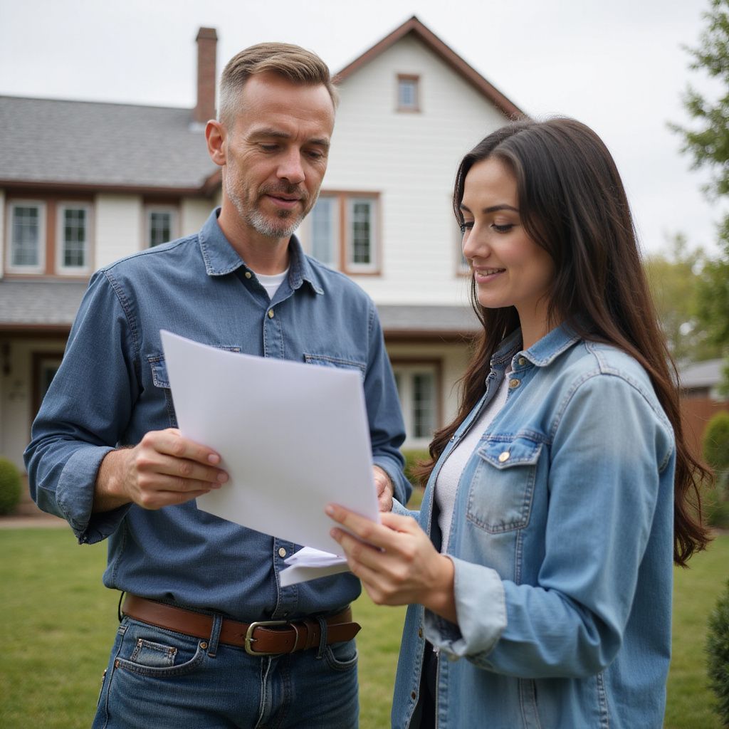 Man and woman reviewing papers in front of a house. They are smiling.