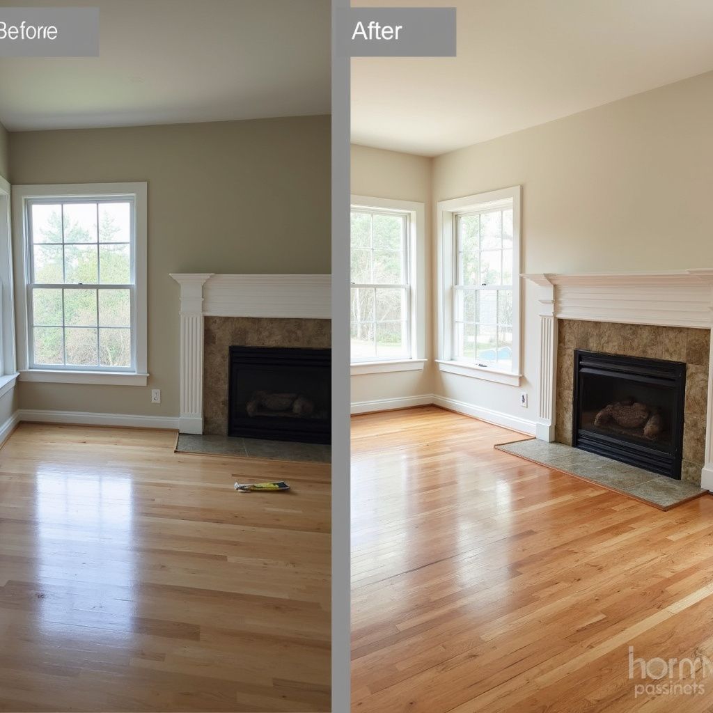 Before-and-after of a living room: the left side has tan walls, the right side has light beige walls. Both sides have a fireplace and hardwood floors.