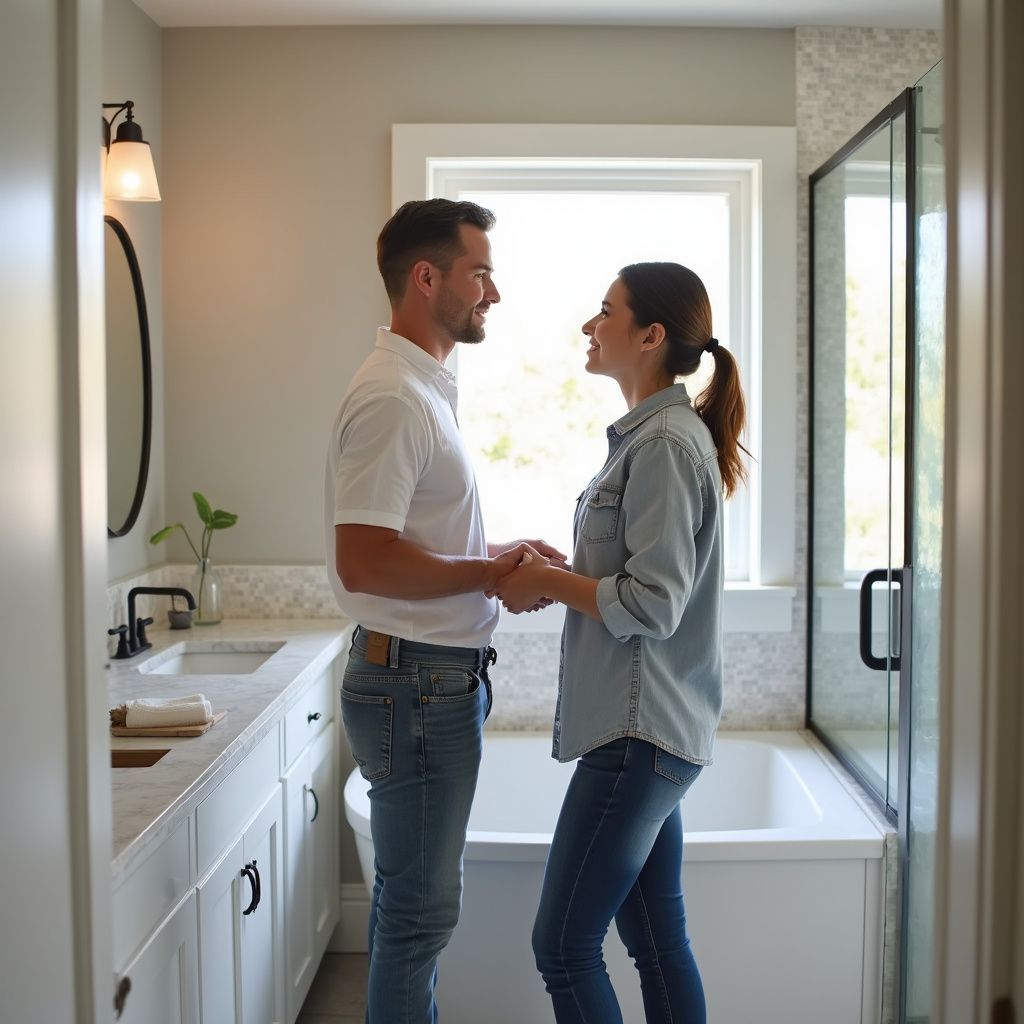 Couple holding hands, looking at each other in a newly renovated bathroom with a tub and white cabinets.