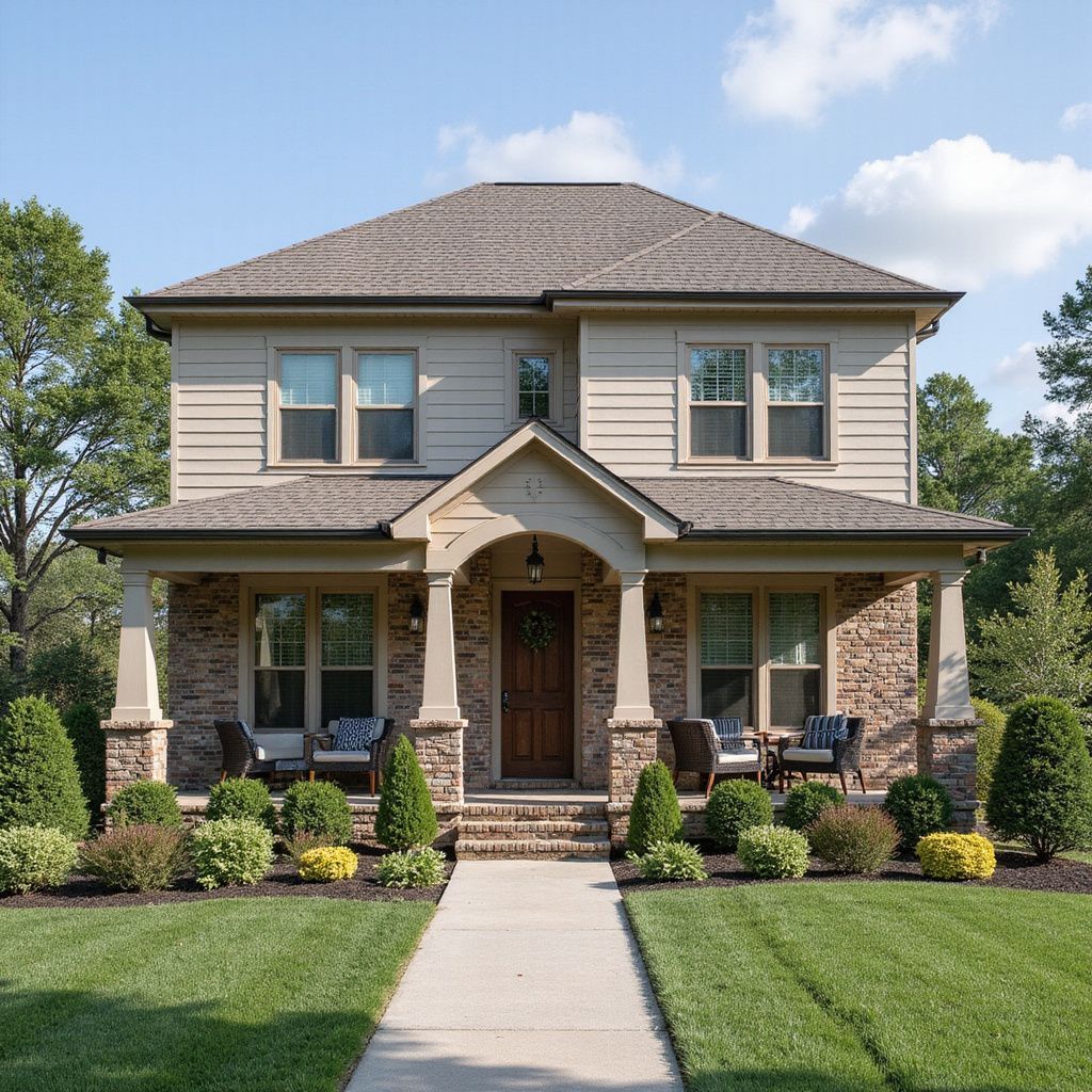 Two-story house with a brick and beige facade, a covered porch, and a walkway leading to the front door.