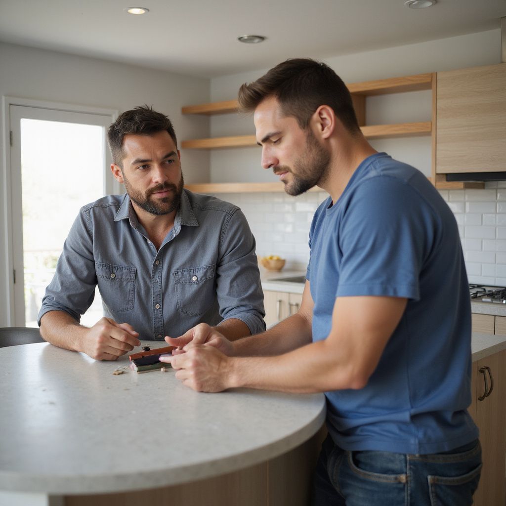 Two men in a kitchen looking at a small object on a counter, one appears concerned, other is attentive.