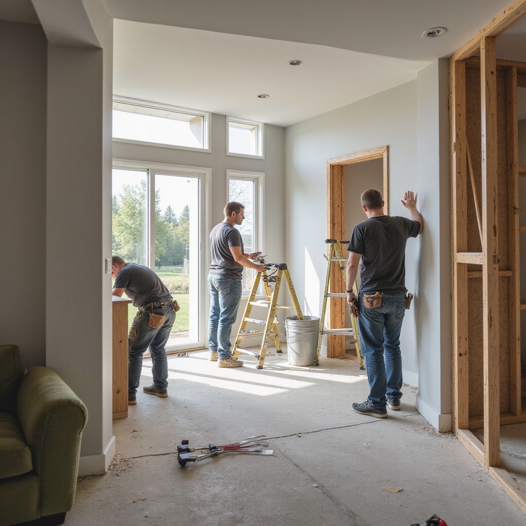 Three workers remodel a room with unfinished walls. One uses a ladder, another works on the wall, and the third works on a cabinet.