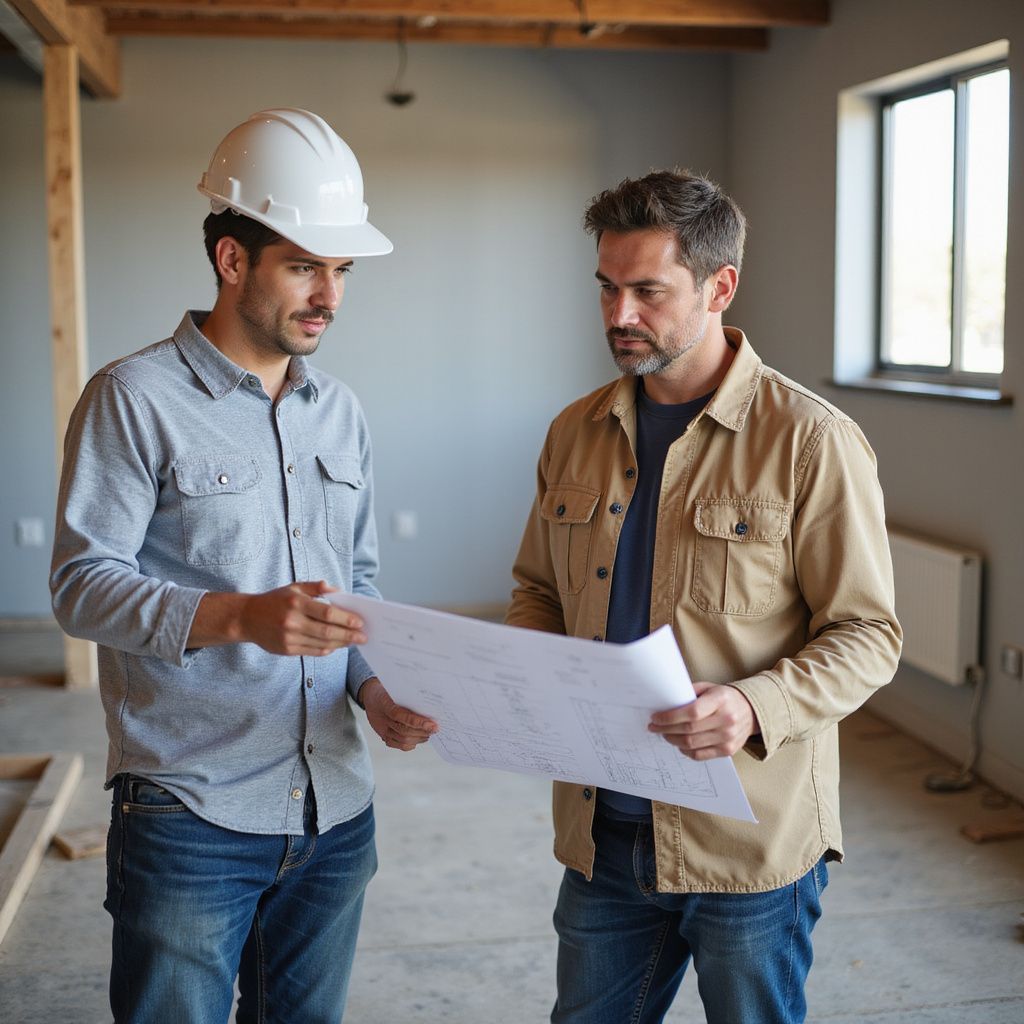 Two men reviewing blueprints in a construction site with exposed beams.