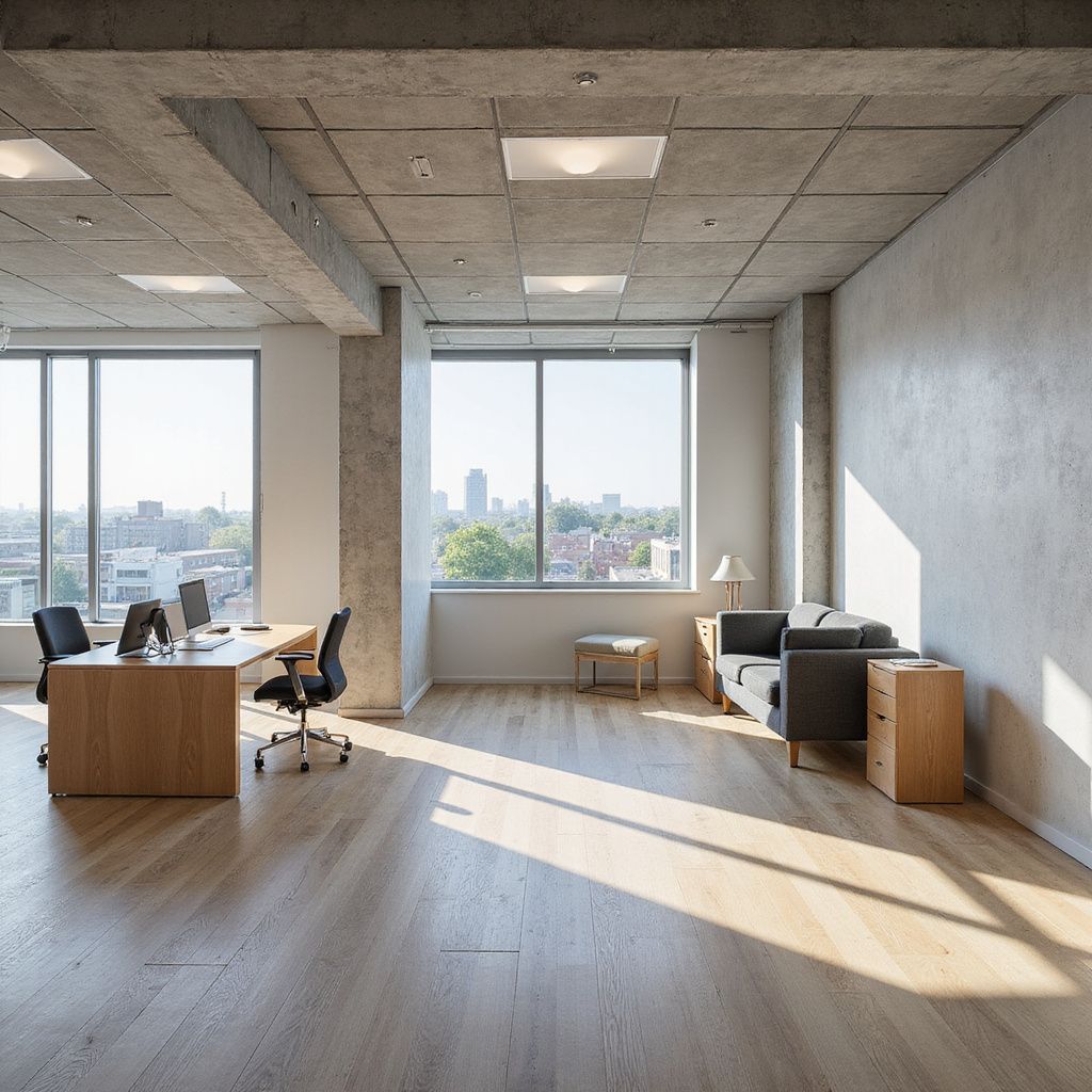 Modern office with wooden floors, large windows, desks, and a seating area. Concrete ceiling and walls.