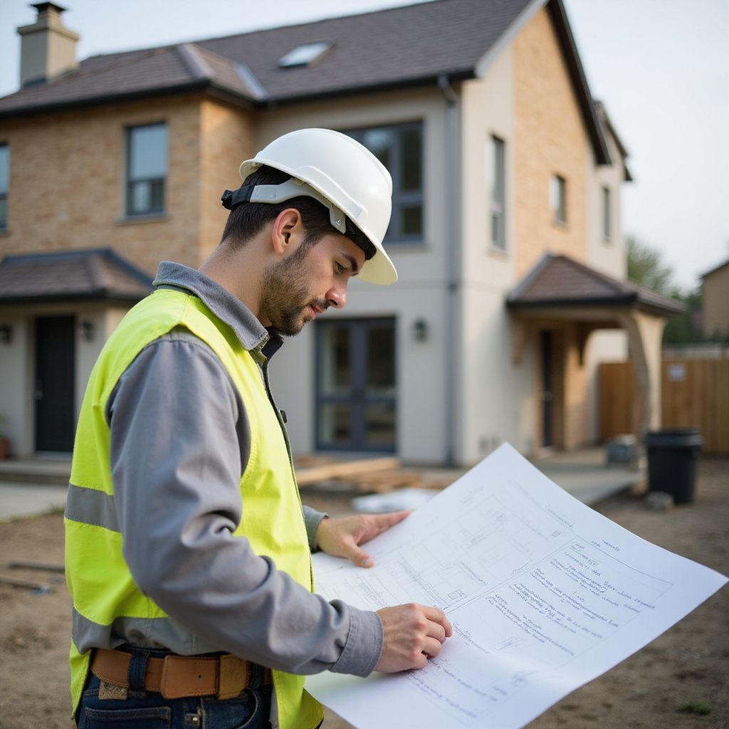 Construction worker in a yellow vest and hard hat reviewing blueprints outside a two-story house.