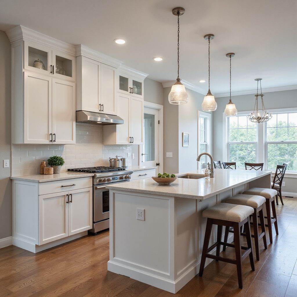 White kitchen with island, pendant lights, stainless steel appliances, and wooden floors.