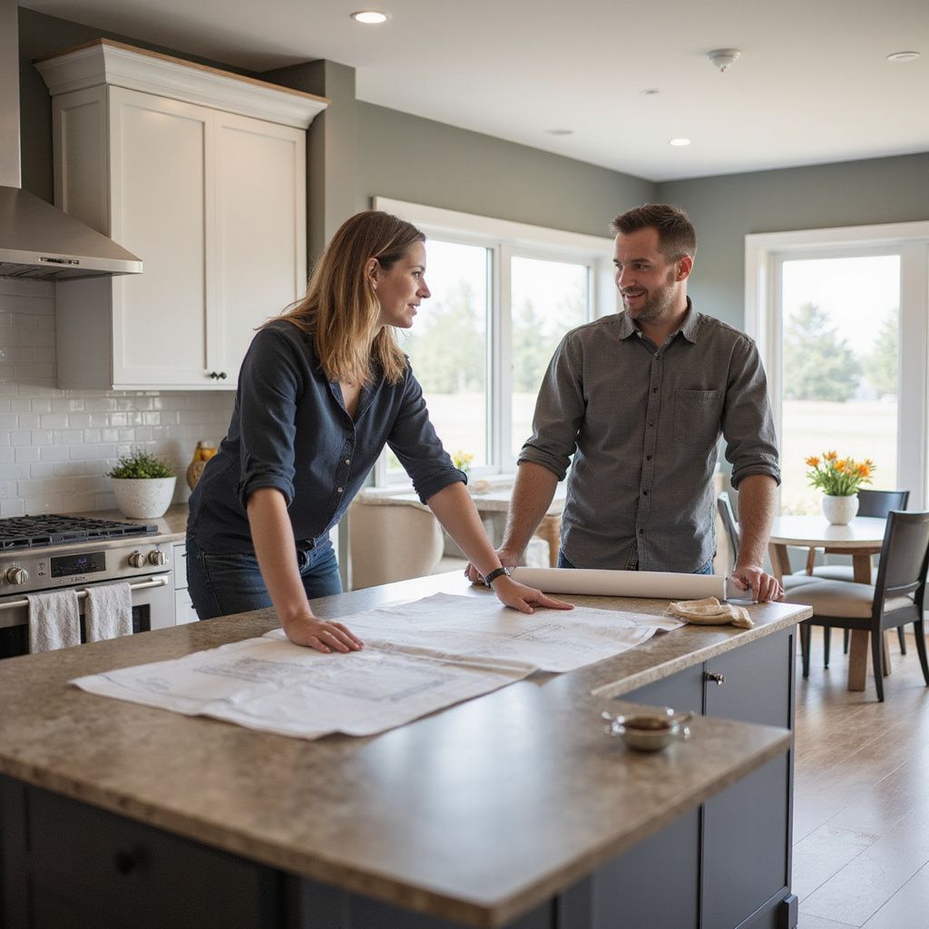 Couple reviewing blueprints on kitchen island, smiling, in modern kitchen with windows.