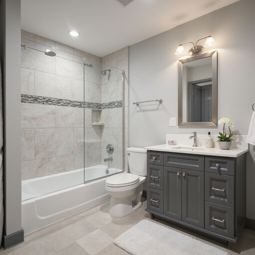 Bathroom with gray vanity, white toilet, and shower with glass doors.