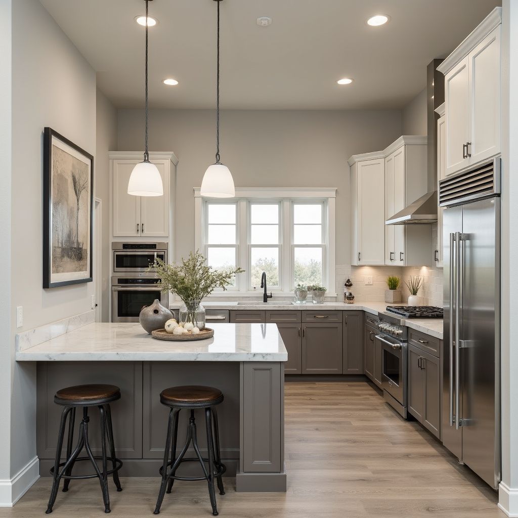 Modern kitchen with white and gray cabinets, island with stools, stainless steel appliances, and a window.
