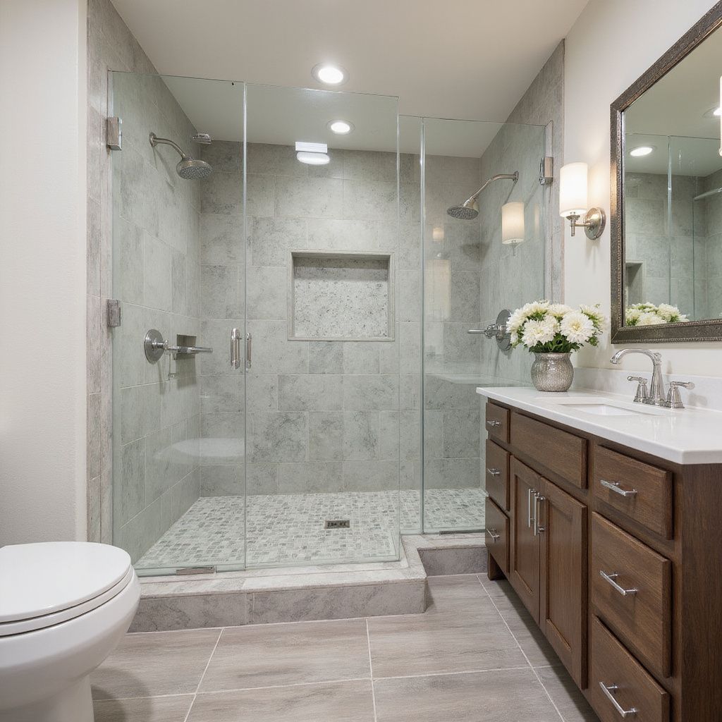 Modern bathroom with glass shower, gray tiles, wooden vanity, and toilet.