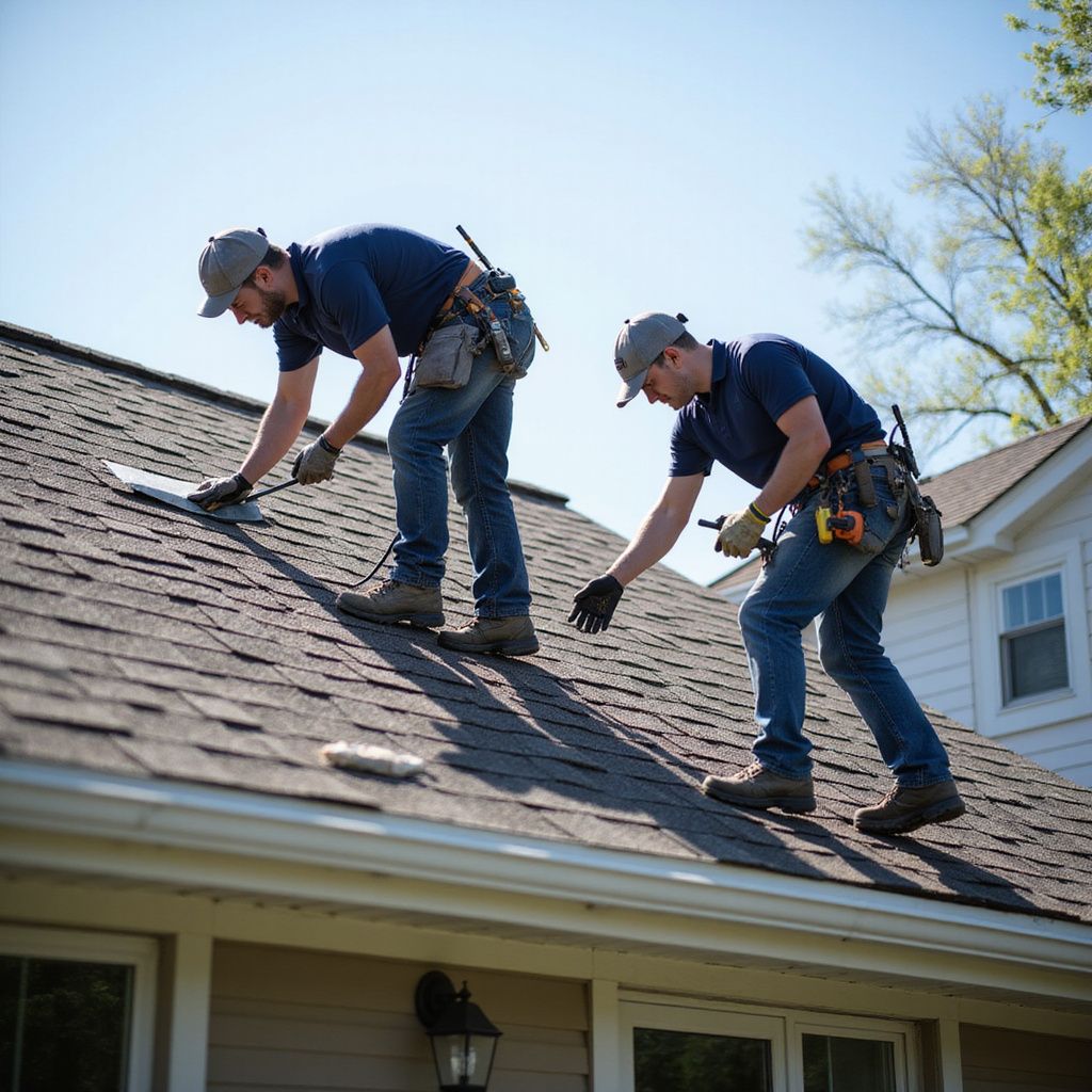 Two workers on a roof, installing shingles, wearing tool belts, blue shirts, and gray caps.