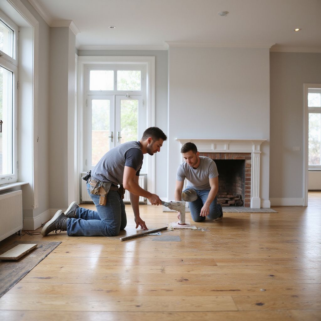 Two men install hardwood flooring in a light-filled room. One kneels, using a tool.