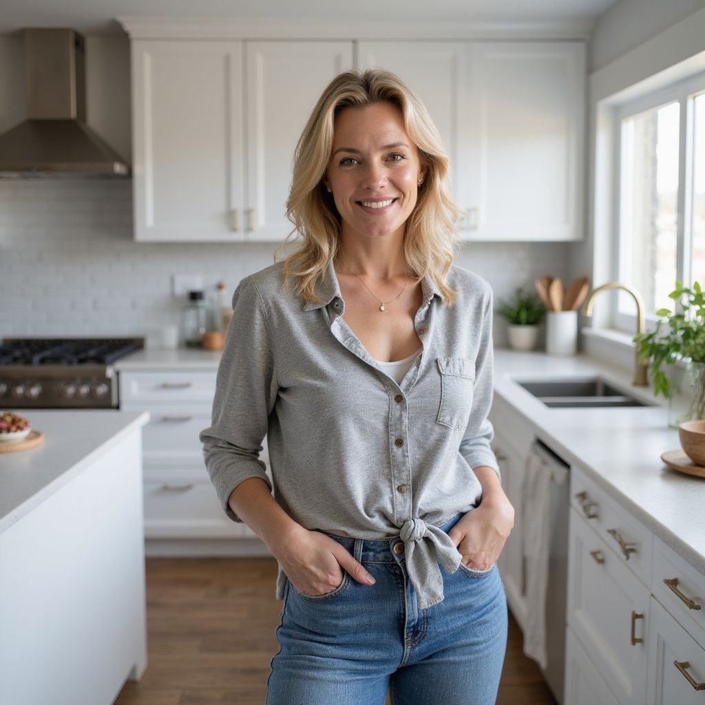Woman smiling in a white kitchen, wearing a gray shirt and jeans. Hands in pockets.