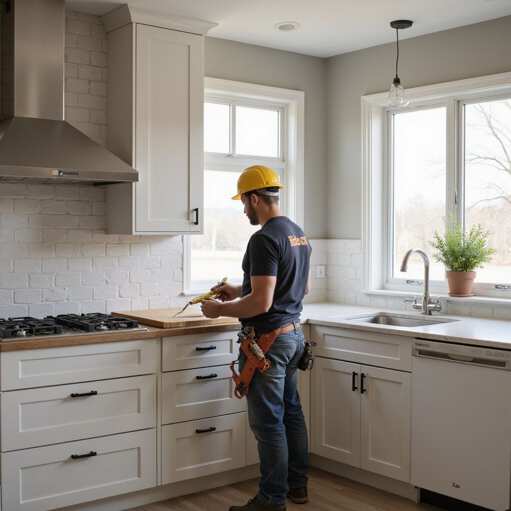 A person in a hard hat and tool belt measures a countertop in a kitchen with white cabinets.
