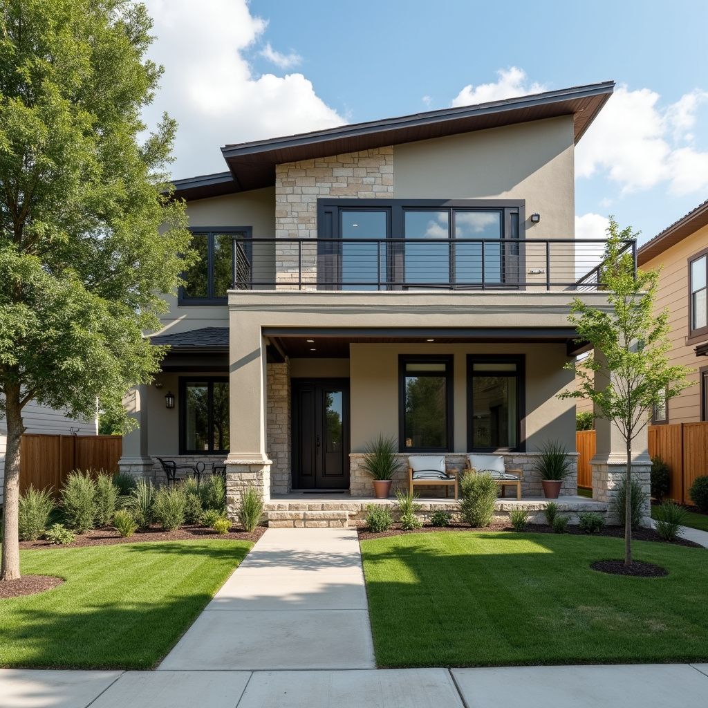 Modern two-story house with gray stucco, stone accents, black windows and balcony, and a green lawn.