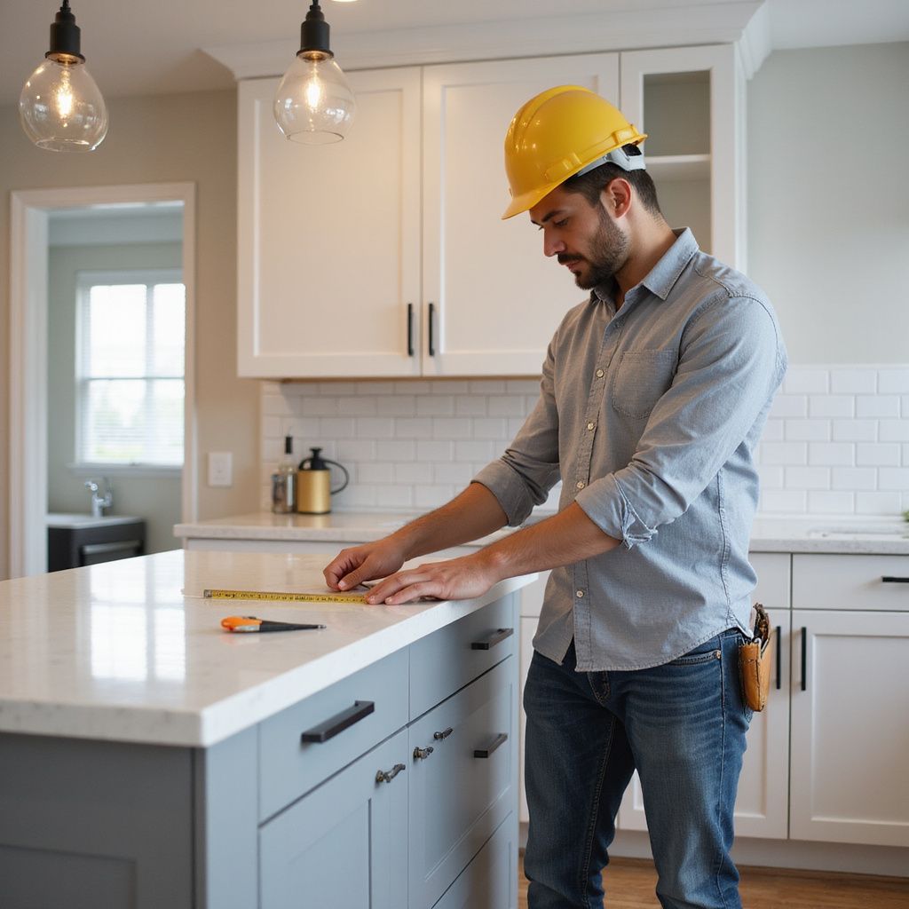 Construction worker measuring a kitchen island in a remodeled kitchen.